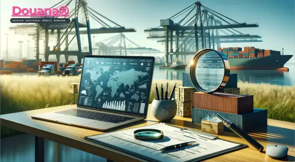 Laptop mit Weltkarte und Statistiken, Lupe über Frachtcontainer. Die "notify party bedeutung" wird durch die Analyse von globalen Daten im Hafen deutlich.