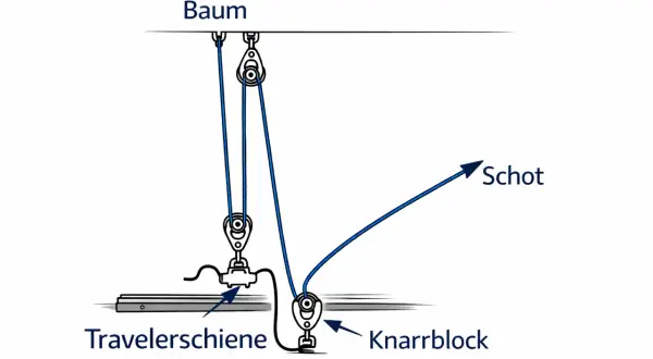 Detailzeichnung einer Segel-Takelage: Baum, Travellerschiene, Knaarblock und Schot.