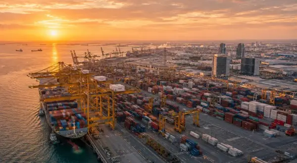 Sonnenuntergang über dem riesigen Jebel Ali Port mit Containerschiffen, Kränen und endlosen Containerreihen.
