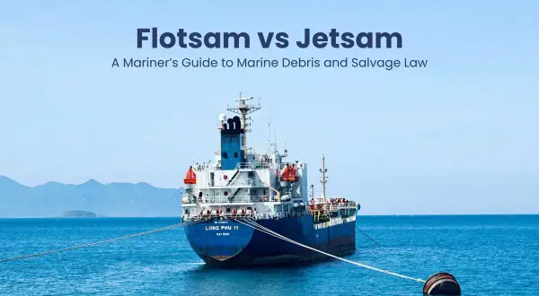 Großes Frachtschiff im Meer. Der Titel "Flotsam vs Jetsam" erklärt die Bedeutung von Treibgut und Wrackteilen.