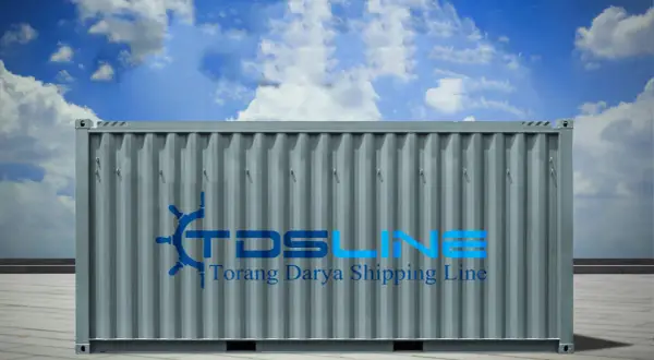 Grauer vgm container mit blauem Logo von Torang Darya Shipping Line vor blauem Himmel mit Wolken.