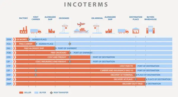 Übersicht der Incoterms: Von EXW bis DDP, zeigt die Grafik die Verantwortlichkeiten von Verkäufer und Käufer sowie den Risikotransfer.