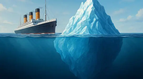 Ein riesiger Eisberg, der an den Titanic-Eisberg erinnert, ragt aus dem Meer. Ein großes Schiff nähert sich ihm.