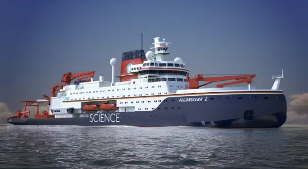 Ein modernes Forschungsschiff, die Polarstern 2, gleitet auf dem Meer.