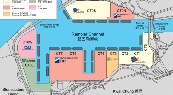 Karte des Hong Kong Ports mit Containerterminals, Rambler Channel und Brücken.