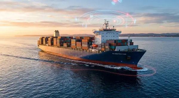 Frachtschiff "Globetrotter" mit Containern auf See, bereit zur Abholung durch den Empfänger. Satellitensignale zeigen die Route.