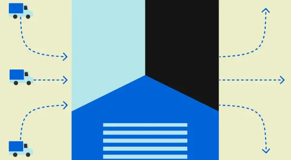 Drei LKWs liefern Waren an ein Zentrum, wo sie sofort für den Weitertransport umgeladen werden. Das illustriert das cross docking meaning.