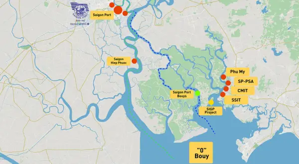 Karte zeigt den Ho Chi Minh Port und seine Wasserwege mit Markierungen für Saigon Port, Saigon Hiep Phuoc und weitere Häfen.
