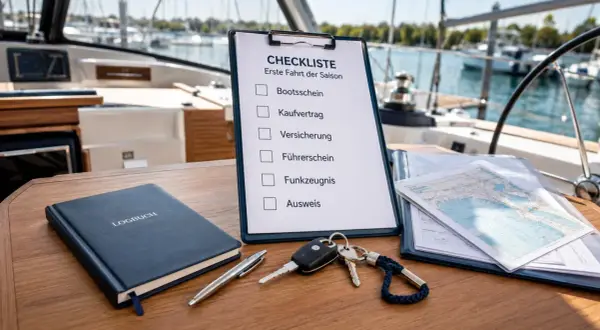 Checkliste für die erste Fahrt der Saison: Logbuch, Bootschein, Kaufvertrag, Versicherung, Führerschein, Funkzeugnis, Ausweis, Schlüssel und Seekarten.