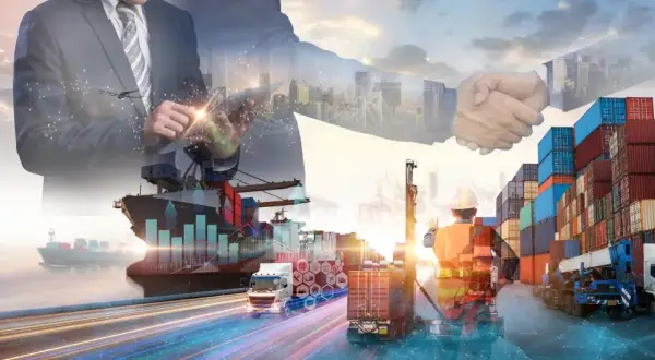 Geschäftsmann mit Tablet, Händeschütteln, Containerschiff, LKW und Kräne symbolisieren globalen **general cargo** Transport und Logistik.