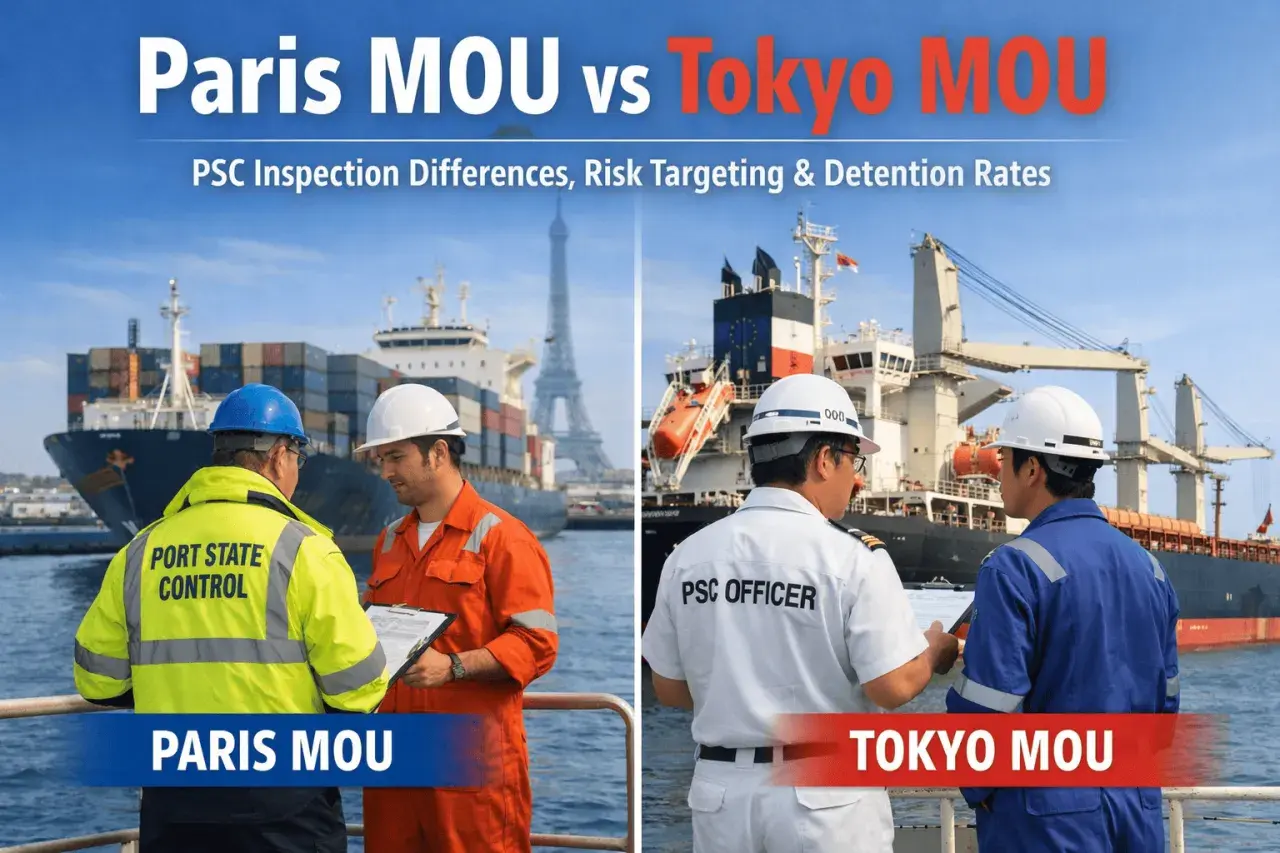 Zwei Schiffsinspektoren besprechen Dokumente. Links die Aufschrift "Paris MOU", rechts "Tokyo MOU".