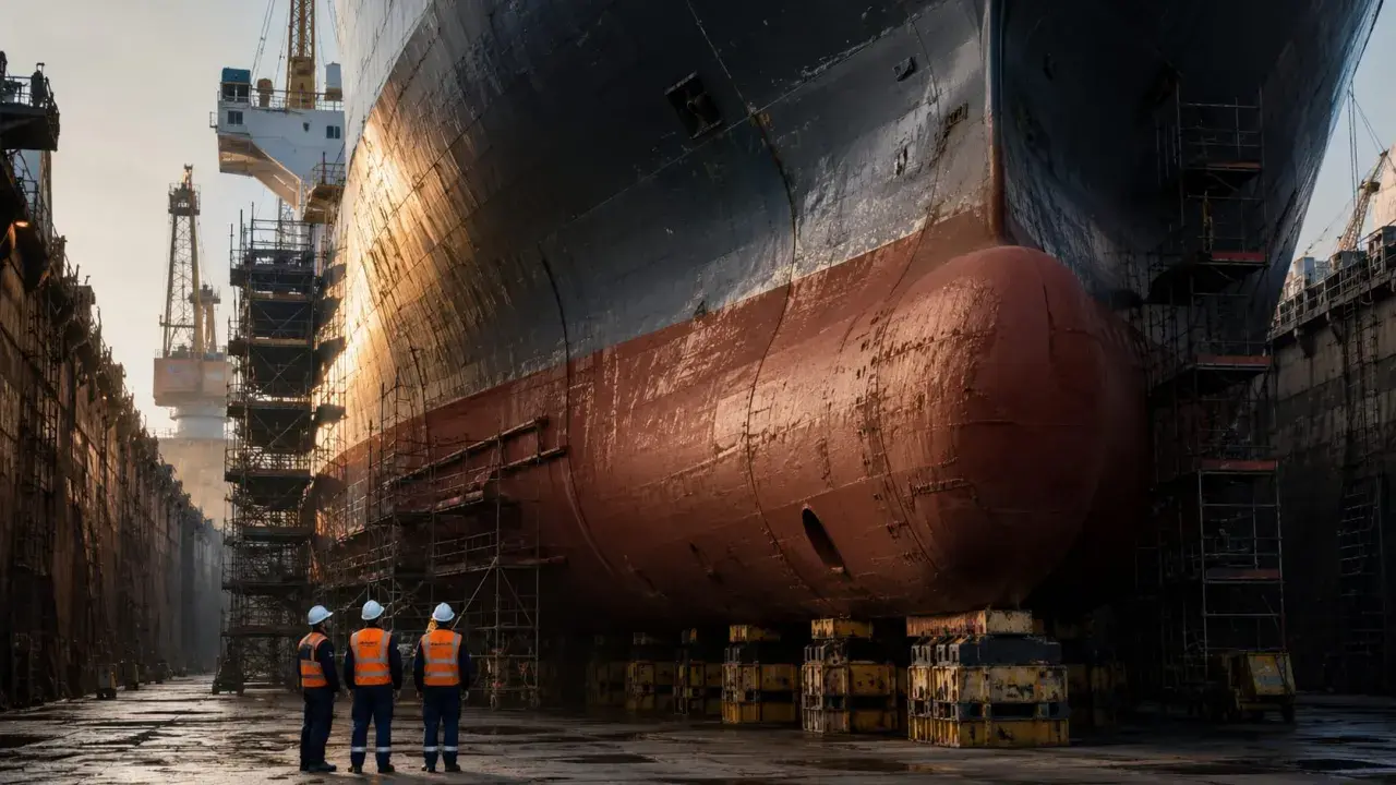 Drei iacs members in Warnwesten und Helmen stehen vor dem riesigen Rumpf eines Schiffes in einer Werft.