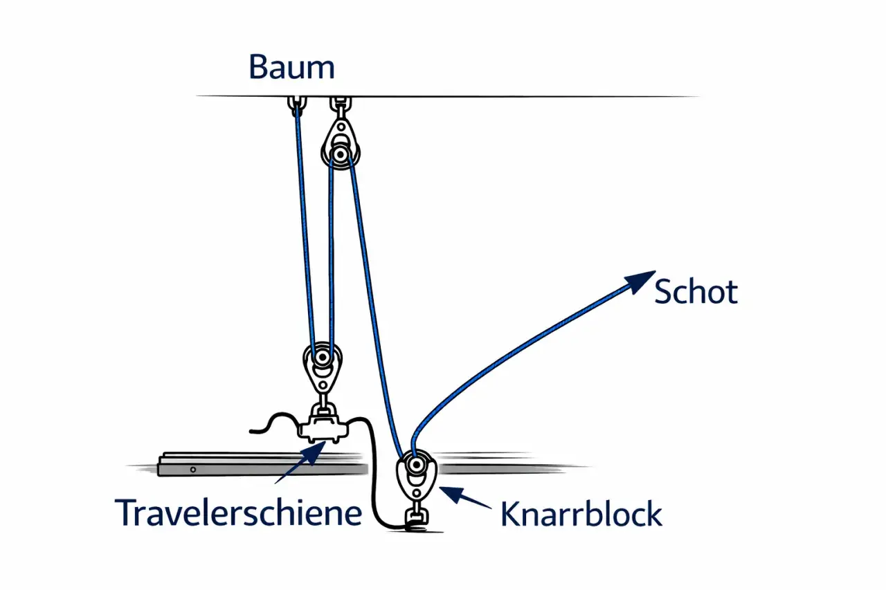 Detailzeichnung einer Segel-Takelage: Baum, Travellerschiene, Knaarblock und Schot.
