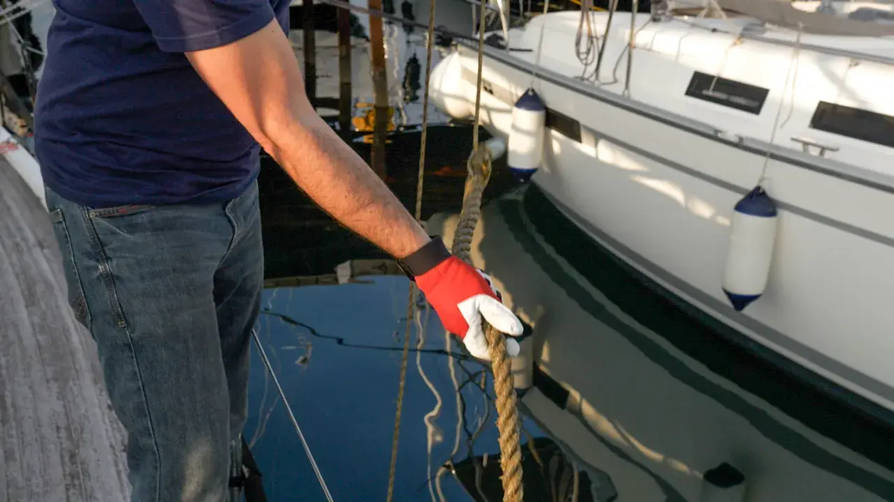 Mann mit roter Handschuh hält Seil an einem vertäuten Schiff.