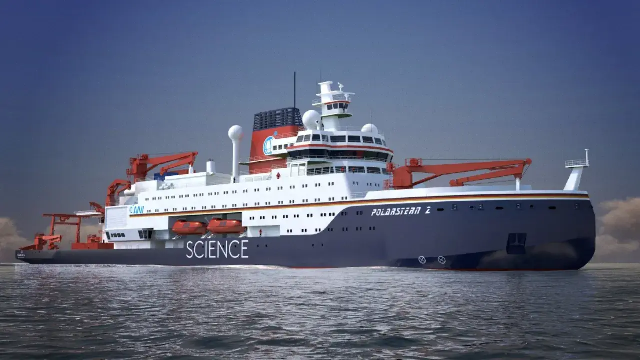 Ein modernes Forschungsschiff, die Polarstern 2, gleitet auf dem Meer.