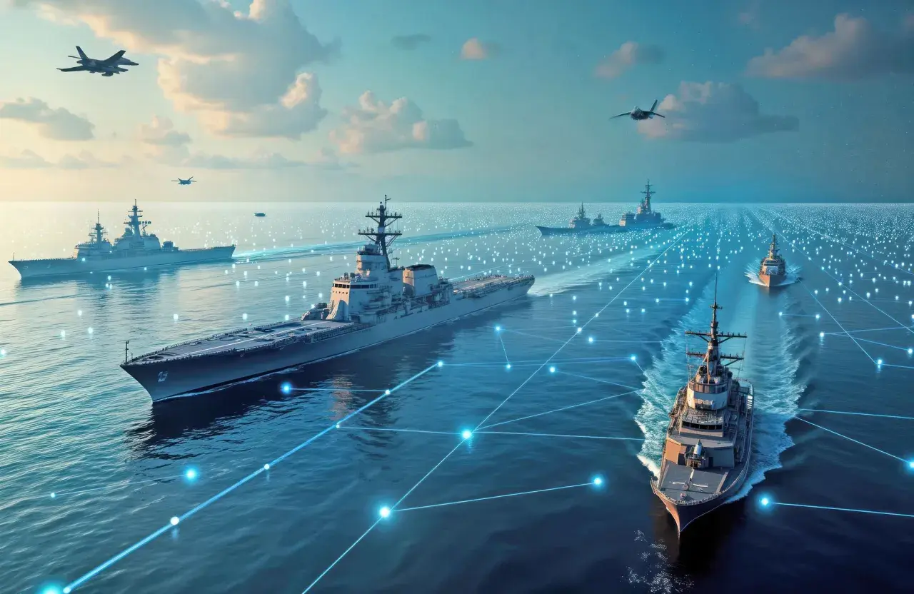Flugzeuge und Kriegsschiffe auf dem Meer, verbunden durch ein Netzwerk aus blauen Lichtern, das maritime Domain Awareness symbolisiert.