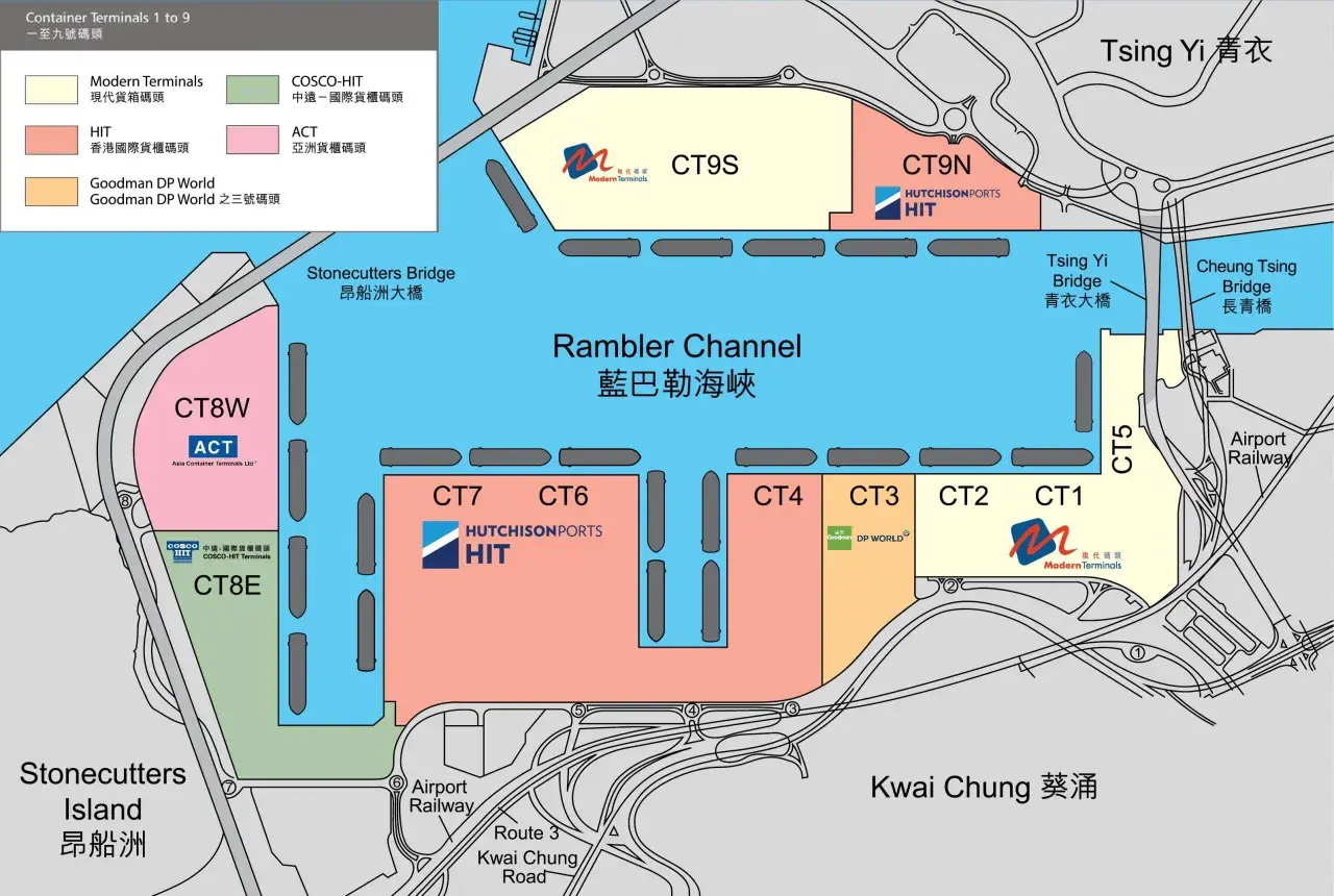 Karte des Hong Kong Ports mit Containerterminals, Rambler Channel und Brücken.