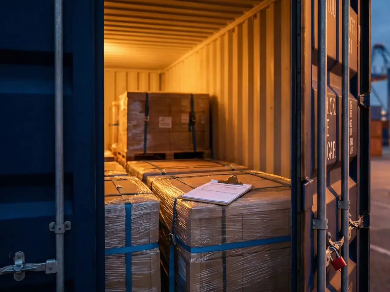 Ladung im Container, bereit für den Versand nach den Hague Visby Rules. Kisten sind verpackt und gesichert.