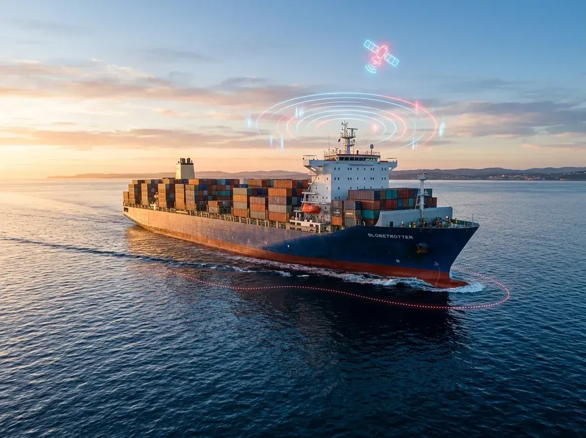 Frachtschiff "Globetrotter" mit Containern auf See, bereit zur Abholung durch den Empfänger. Satellitensignale zeigen die Route.