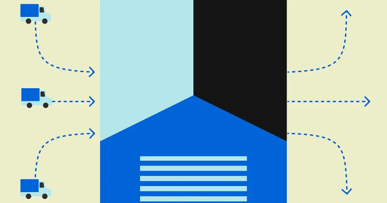 Drei LKWs liefern Waren an ein Zentrum, wo sie sofort für den Weitertransport umgeladen werden. Das illustriert das cross docking meaning.