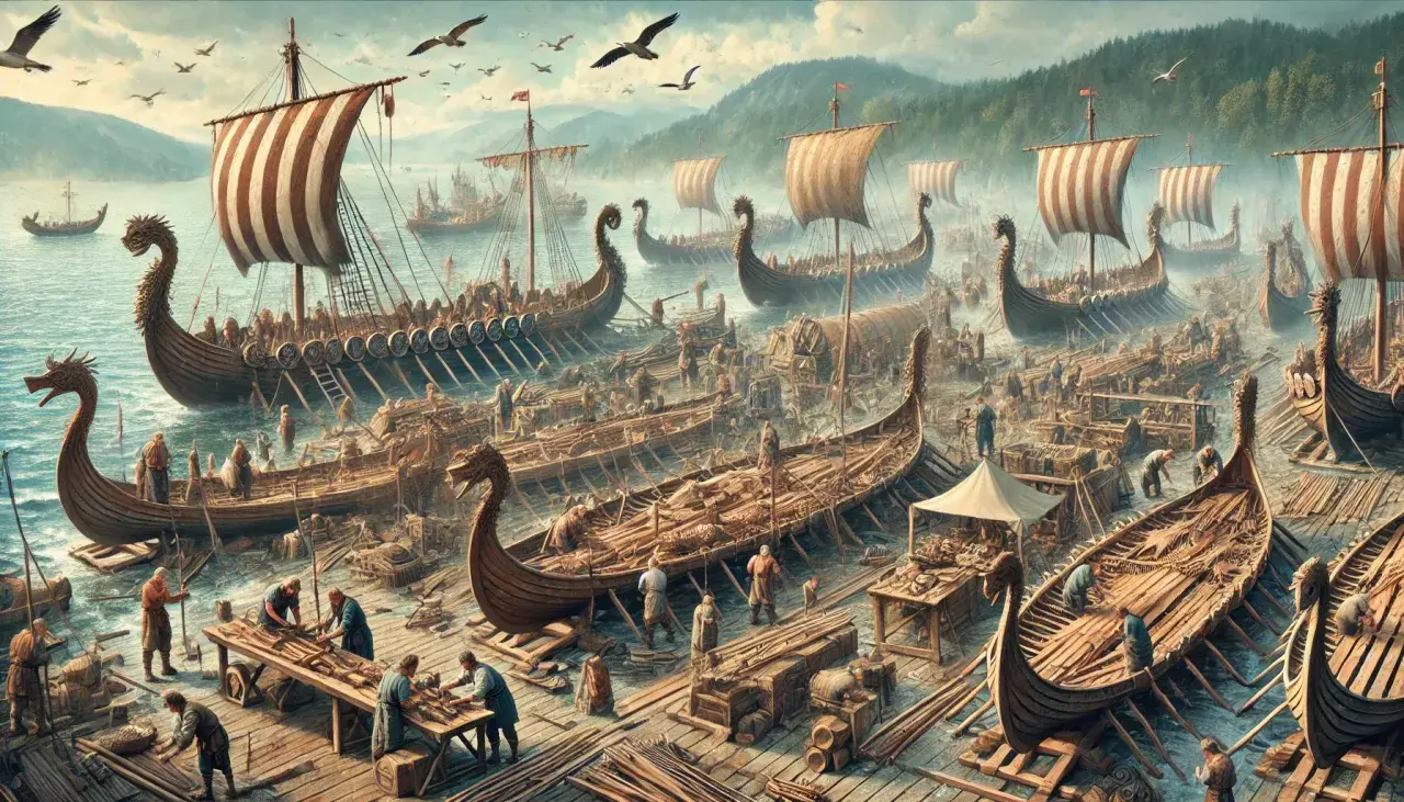 Viele Wikingerschiffe werden gebaut. Handwerker arbeiten an den Schiffen, die für die Seefahrt bereit sind.