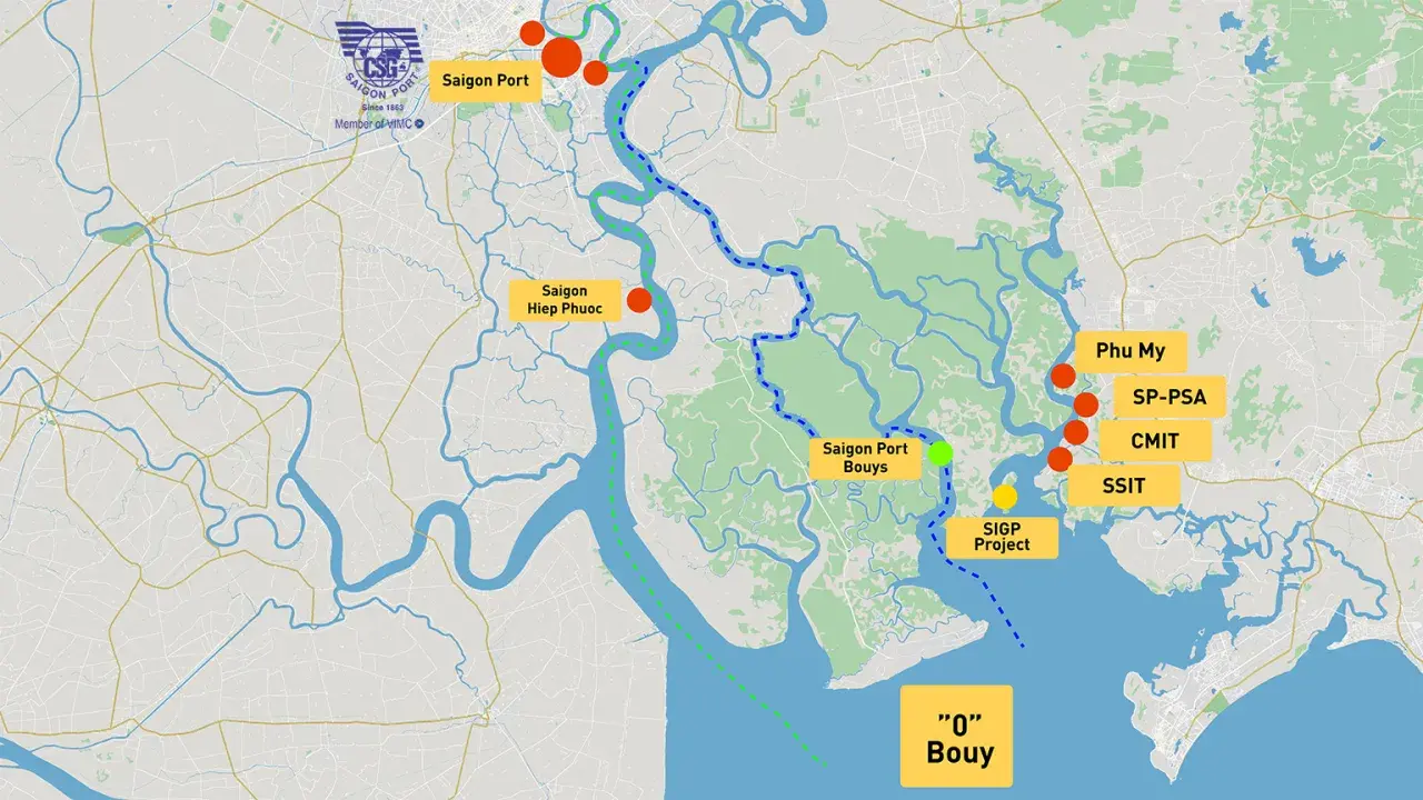 Karte zeigt den Ho Chi Minh Port und seine Wasserwege mit Markierungen für Saigon Port, Saigon Hiep Phuoc und weitere Häfen.