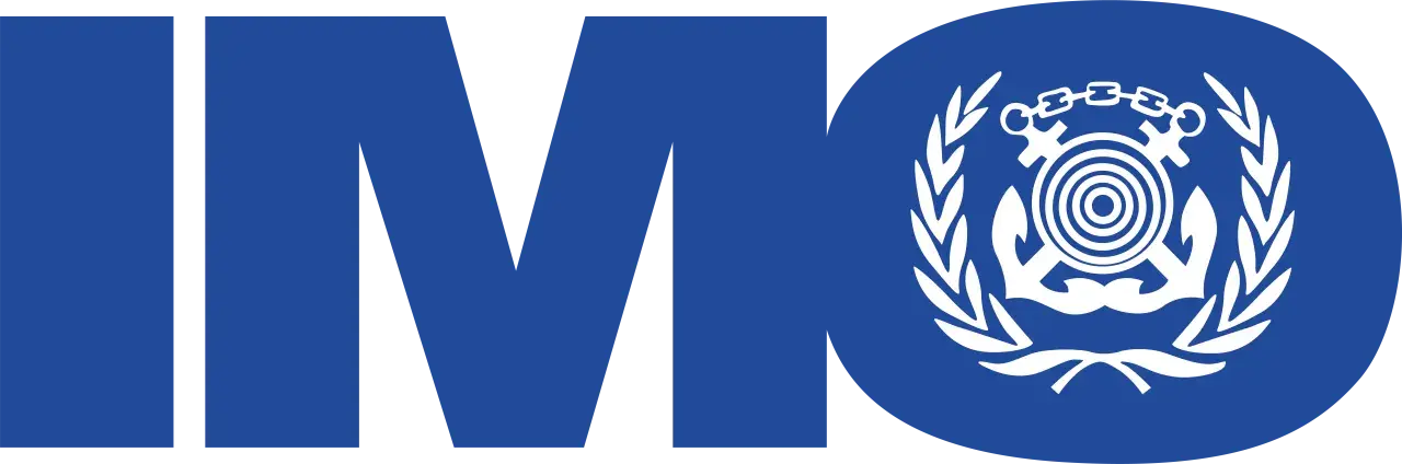 Logo der International Maritime Organization (IMO) mit den Buchstaben IMO und einem Emblem aus Anker, Kette und Lorbeerzweigen.