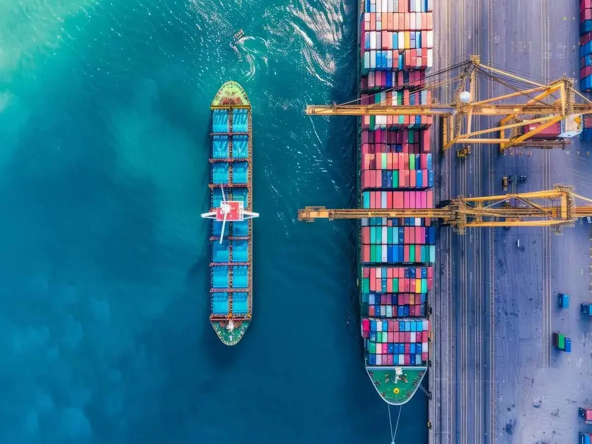 Große Containerschiffe im Hafen, bereit für den **time charter**. Kräne laden und löschen bunte Fracht.