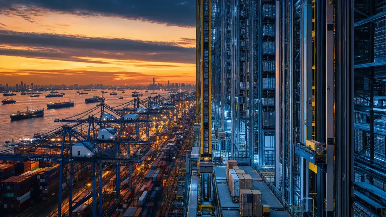 Ein belebter Hafen bei Sonnenuntergang, mit vielen Schiffen und Containern, die auf eine Lösung für die Hafenüberlastung warten.