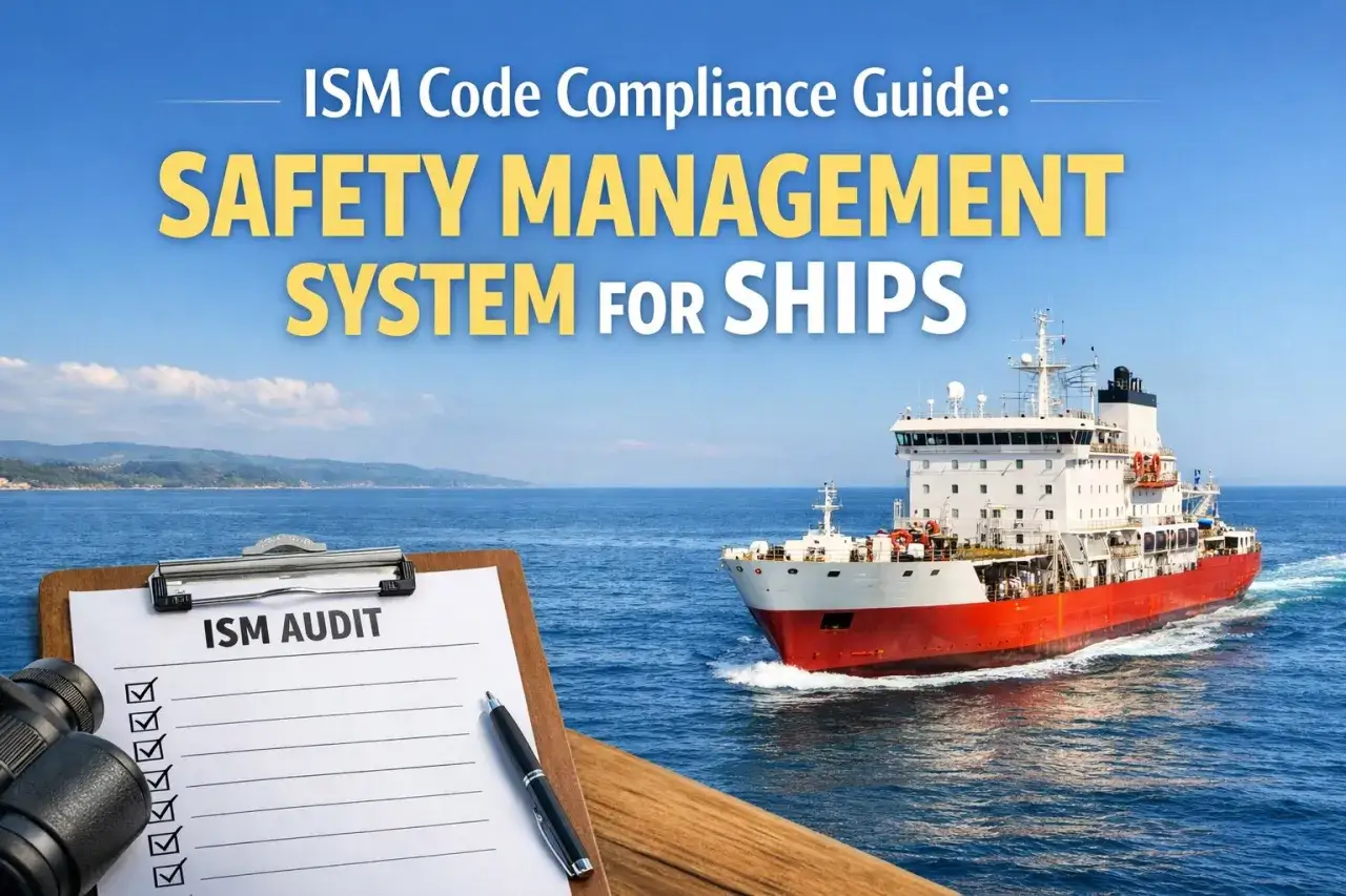Sicherheitsmanagement-System f&uuml;r Schiffe, ISM Code Audit auf Klemmbrett, Fernglas und Stift.