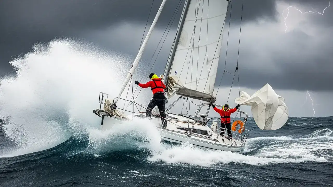 Ein Segelboot k&auml;mpft sich durch eine gewaltige Welle, w&auml;hrend Blitze den st&uuml;rmischen Himmel erhellen. Zwei Segler in roten Rettungswesten halten sich fest.