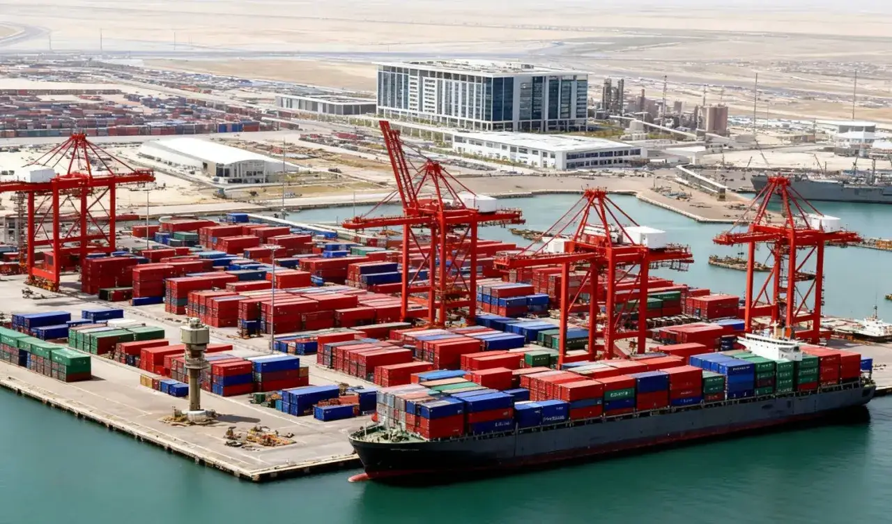 Riesige rote Kräne beladen einen Frachter mit Containern im Shuwaikh Port.