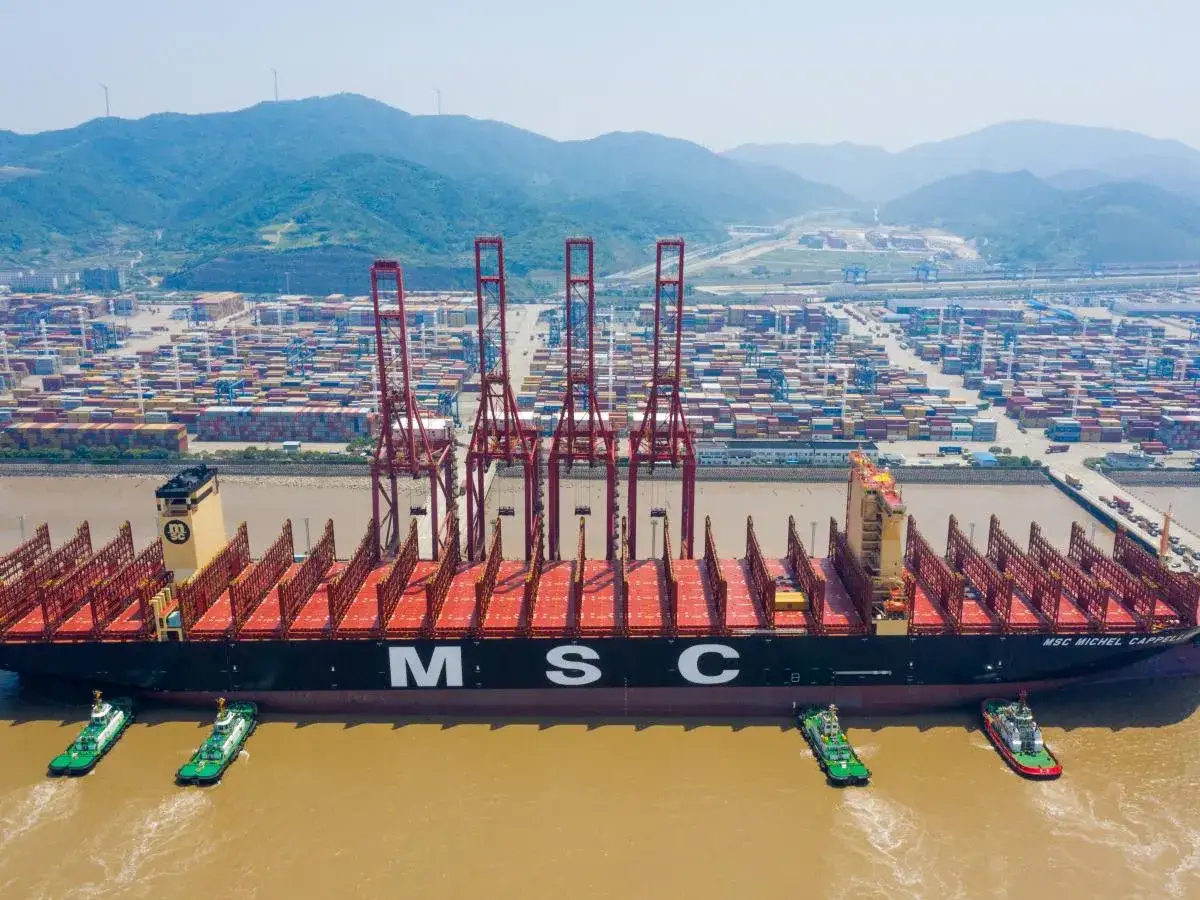 MSC Michel Cappellini, ein riesiges Containerschiff, wird von Schleppern durch einen geschäftigen Hafen manövriert, beladen mit unzähligen Containern.