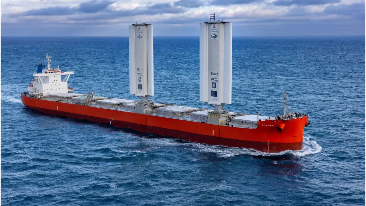 Gro&szlig;frachter mit zwei riesigen Rotorsegeln f&uuml;r umweltfreundliches tailwind shipping auf offener See.