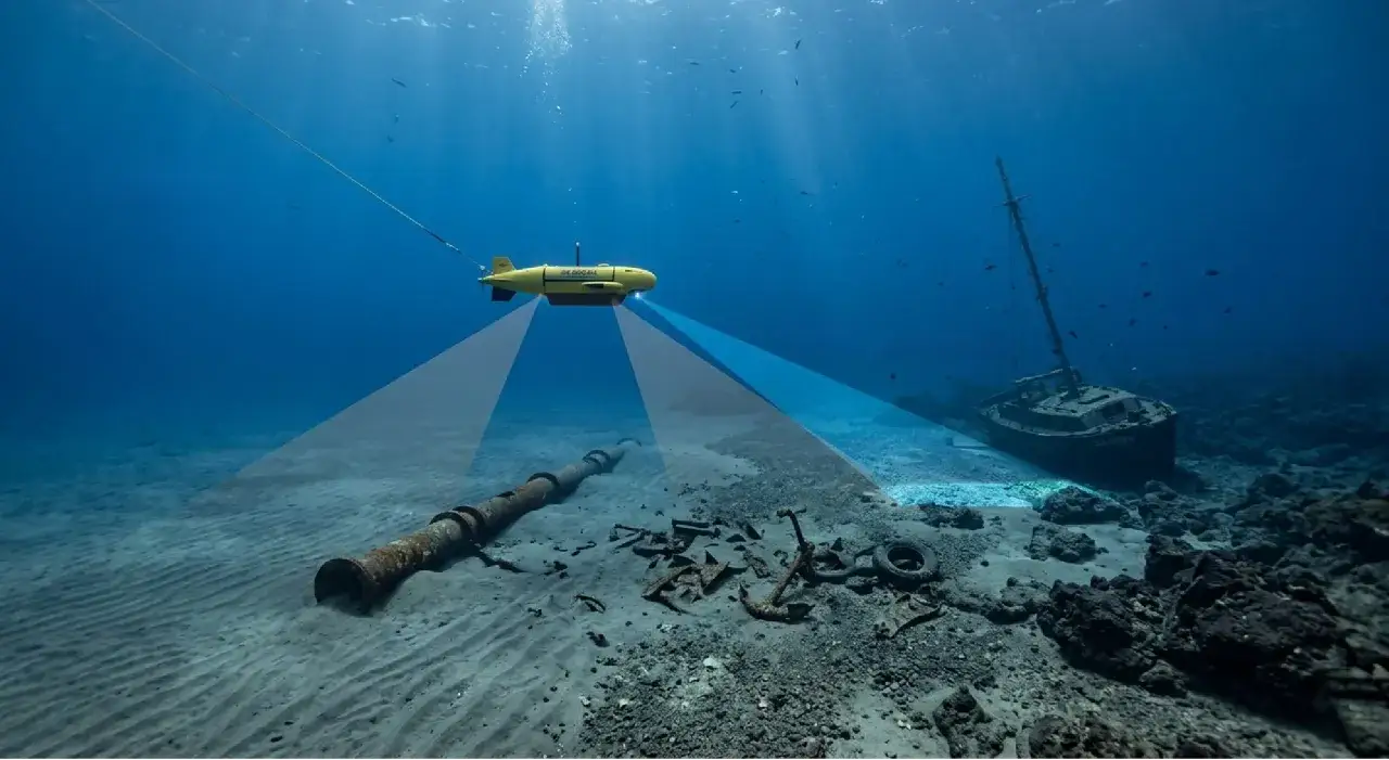 Ein gelbes research vessel untersucht ein Unterwasserrohr und ein Schiffswrack.