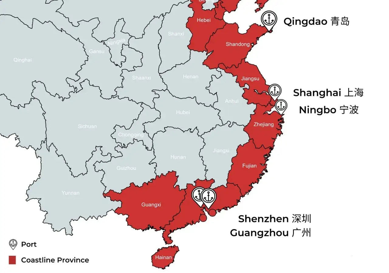 Karte zeigt Chinas K&uuml;stenprovinzen und wichtige H&auml;fen wie Qingdao, Shanghai, Ningbo, Shenzhen und Guangzhou.