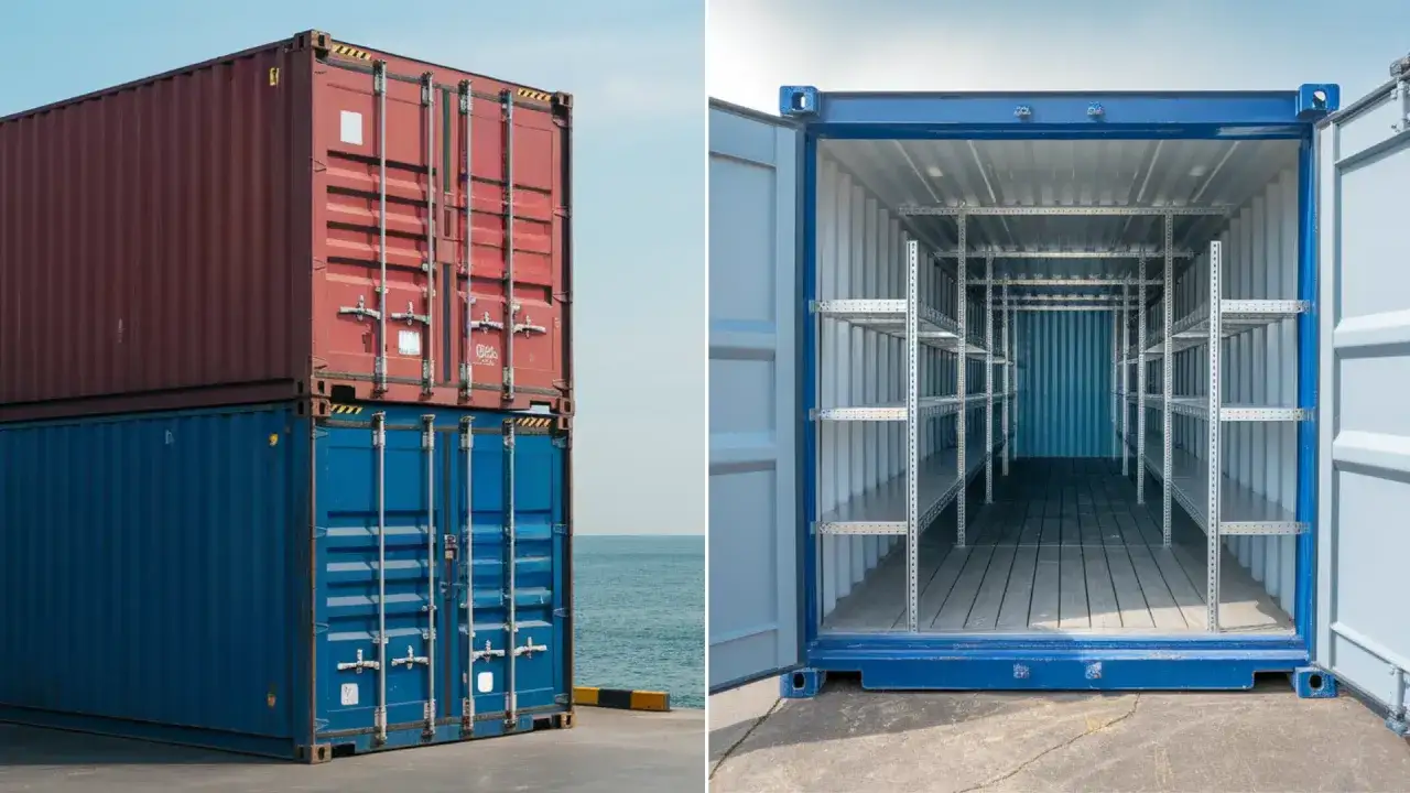 Zwei gestapelte Seecontainer, einer rot, einer blau, und ein offener blauer soc container mit Regalen.