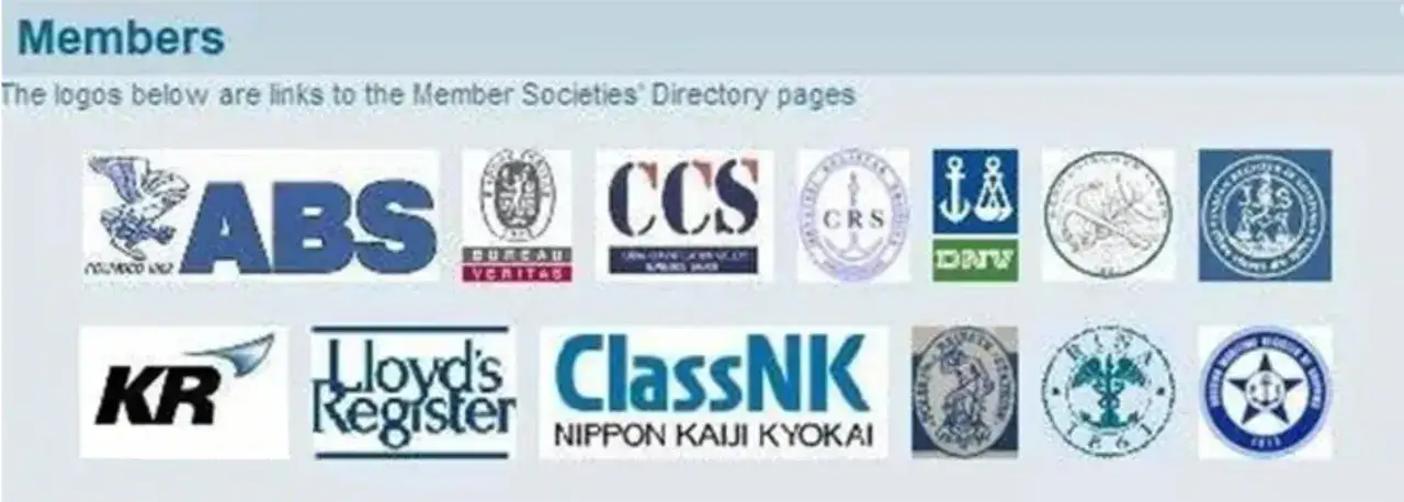 Logos von iacs members: ABS, Bureau Veritas, CCS, CRS, DNV, KR, Lloyd's Register, ClassNK und weitere.