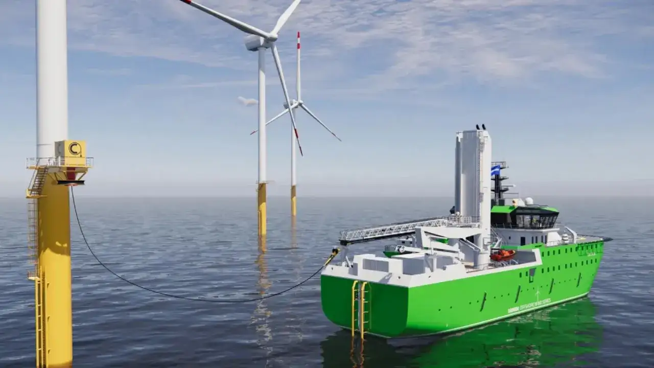 Ein grünes Schiff verbindet sich mit einem Offshore-Windrad. Dies ist ein Beispiel für die Zukunft der Energieversorgung im world skandi-Stil.
