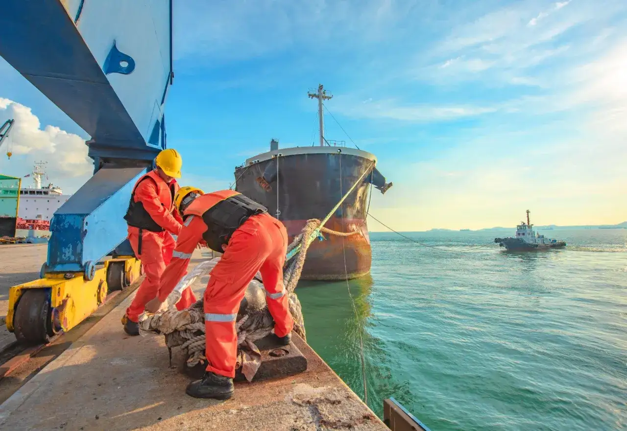 Arbeiter sichern ein Schiff am Kai. Ein Schlepper im Hintergrund. Dies ist ein Beispiel für die Arbeit, die die International Maritime Organization fördert.