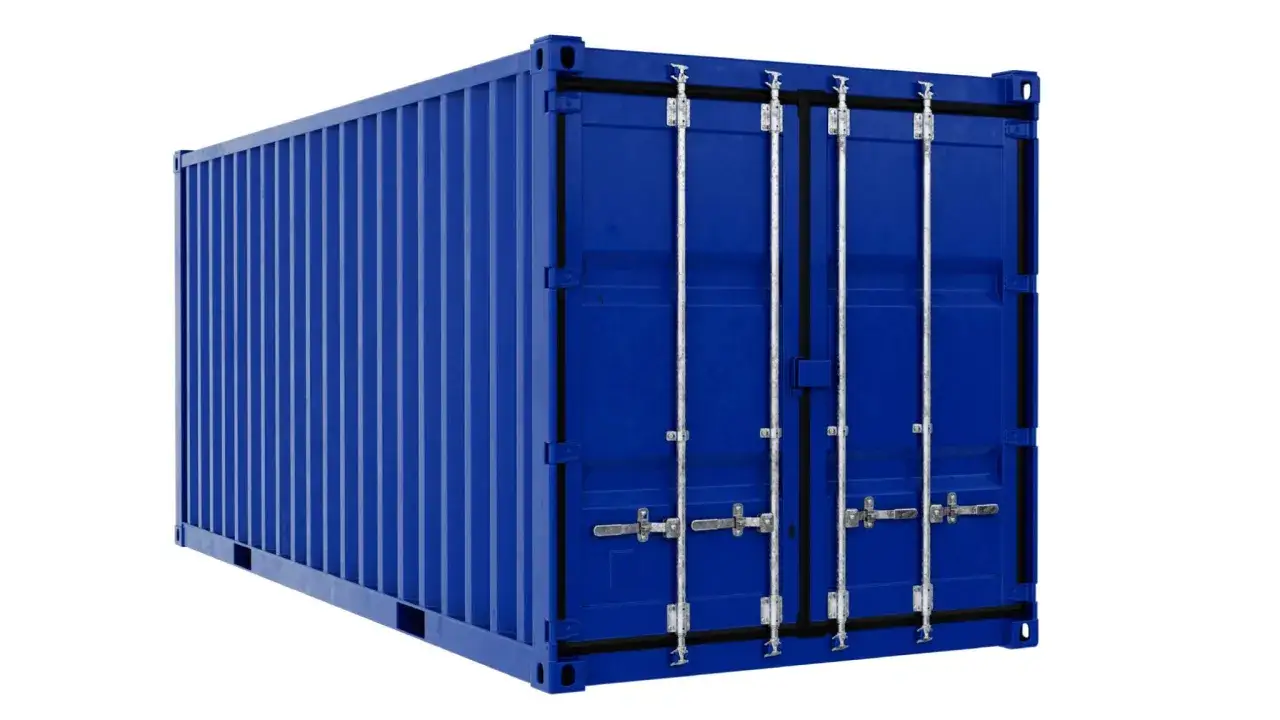 Ein blauer Seecontainer, bereit für den Versand. Die Türen sind mit silbernen Riegeln gesichert, bereit für die telex release.