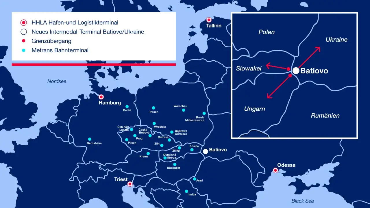 Karte zeigt HHLA-Terminals in Europa, darunter Batiovo in der Ukraine, mit Verbindungen nach Polen, Slowakei und Ungarn.