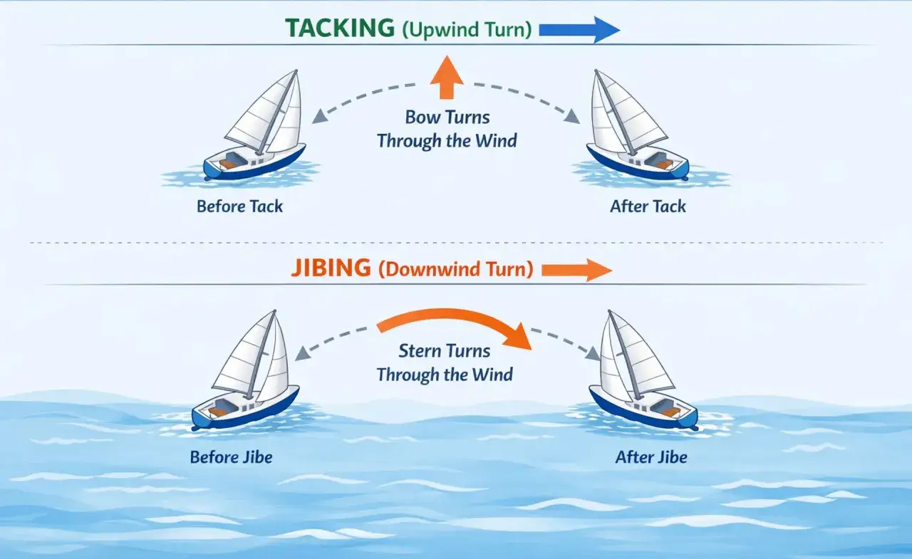 Illustration zeigt das Man&ouml;vrieren eines Katamarans beim Segeln: Wende (Bug durch den Wind) und Halse (Heck durch den Wind).