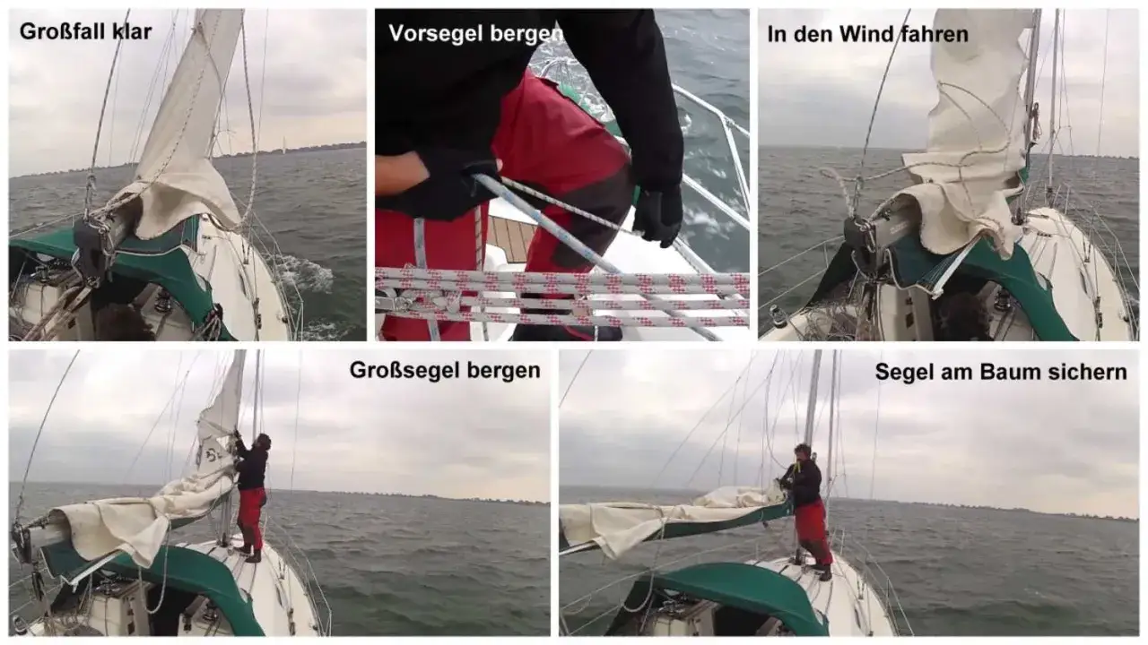 Segel setzen auf dem Boot: Das Gro&szlig;segel wird klar gemacht, das Vorsegel geborgen und das Segel am Baum gesichert.