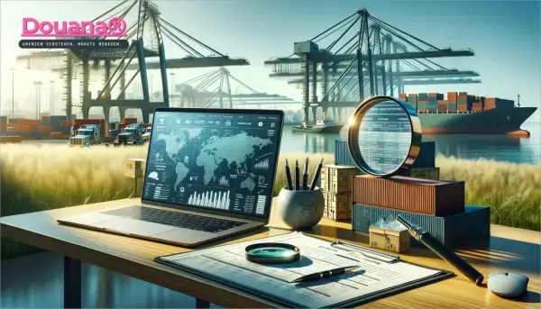 Laptop mit Weltkarte und Statistiken, Lupe über Frachtcontainer. Die "notify party bedeutung" wird durch die Analyse von globalen Daten im Hafen deutlich.