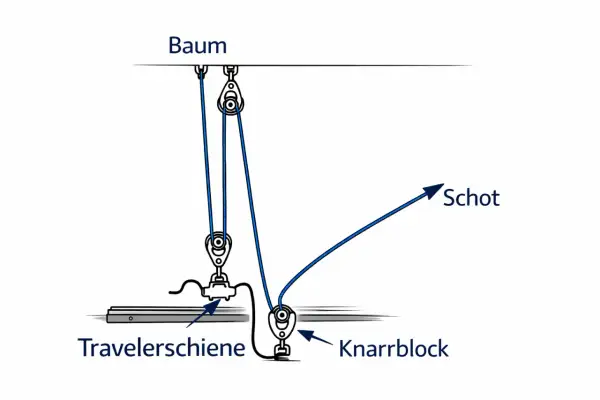 Detailzeichnung einer Segel-Takelage: Baum, Travellerschiene, Knaarblock und Schot.