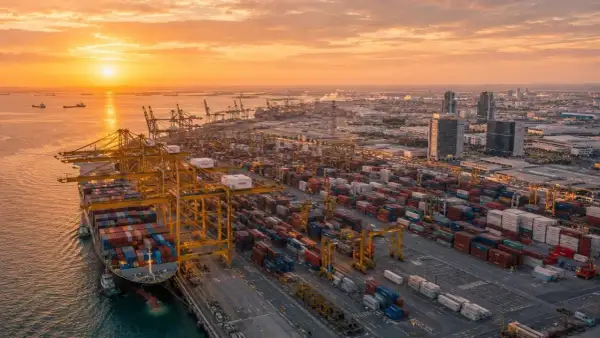 Sonnenuntergang über dem riesigen Jebel Ali Port mit Containerschiffen, Kränen und endlosen Containerreihen.