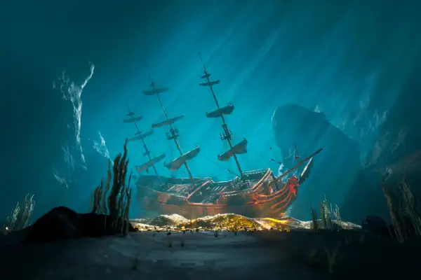 Ein **gesunkenes Schiff** ruht auf dem Meeresboden, umgeben von Felsen und Seegras. Sonnenstrahlen brechen durch das Wasser und beleuchten die Szene.