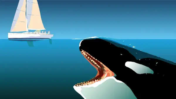 Ein Orca-Angriff auf ein Segelboot. Ein riesiger Orca mit offenem Maul nähert sich einem Segelboot mit Menschen an Bord.