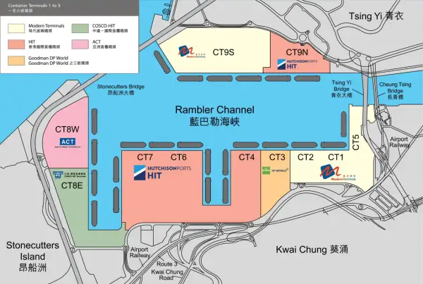 Karte des Hong Kong Ports mit Containerterminals, Rambler Channel und Brücken.